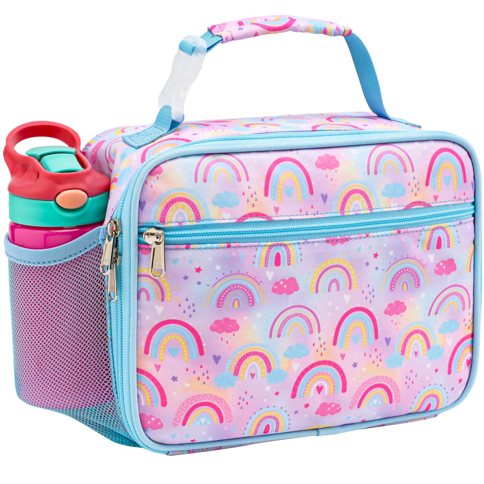 Bagseri Lunch Bag for Girls - Insulated School Lunch Box with Bottle Holder, Portable Reusable Thermal Cooler Tote for Nursery, 6L Capacity, Pink Rainbow (Water Bottle Not Included)
