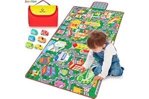 beetoy Car Rug, 31.5"X67" Play Mat with Roads for Kids - Portable, Anti-Slip, Educational City Life Traffic Carpet for 6 Toy Cars