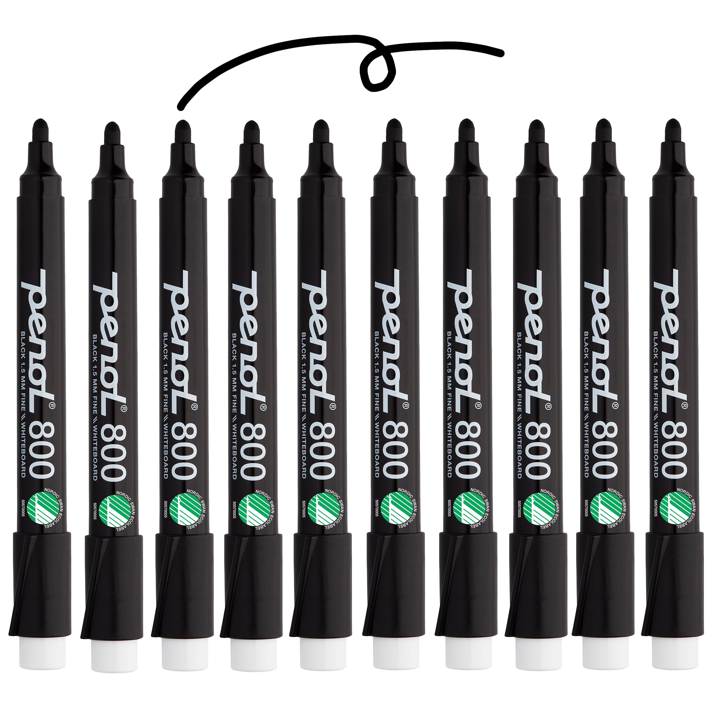 PENOL Whiteboard Markers, 10 Whiteboard Pens in Black Color - 800, 1.5mm Bullet Tip Dry Erase Marker with Nordic Swan Ecolabel, Non-Toxic & Odorless Board Pens for Office, Schools and Home