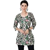LIBOZA Pure Cotton Floral Print Kurti for Women, Round Neck Tunic Design, Short Kurta for Jeans