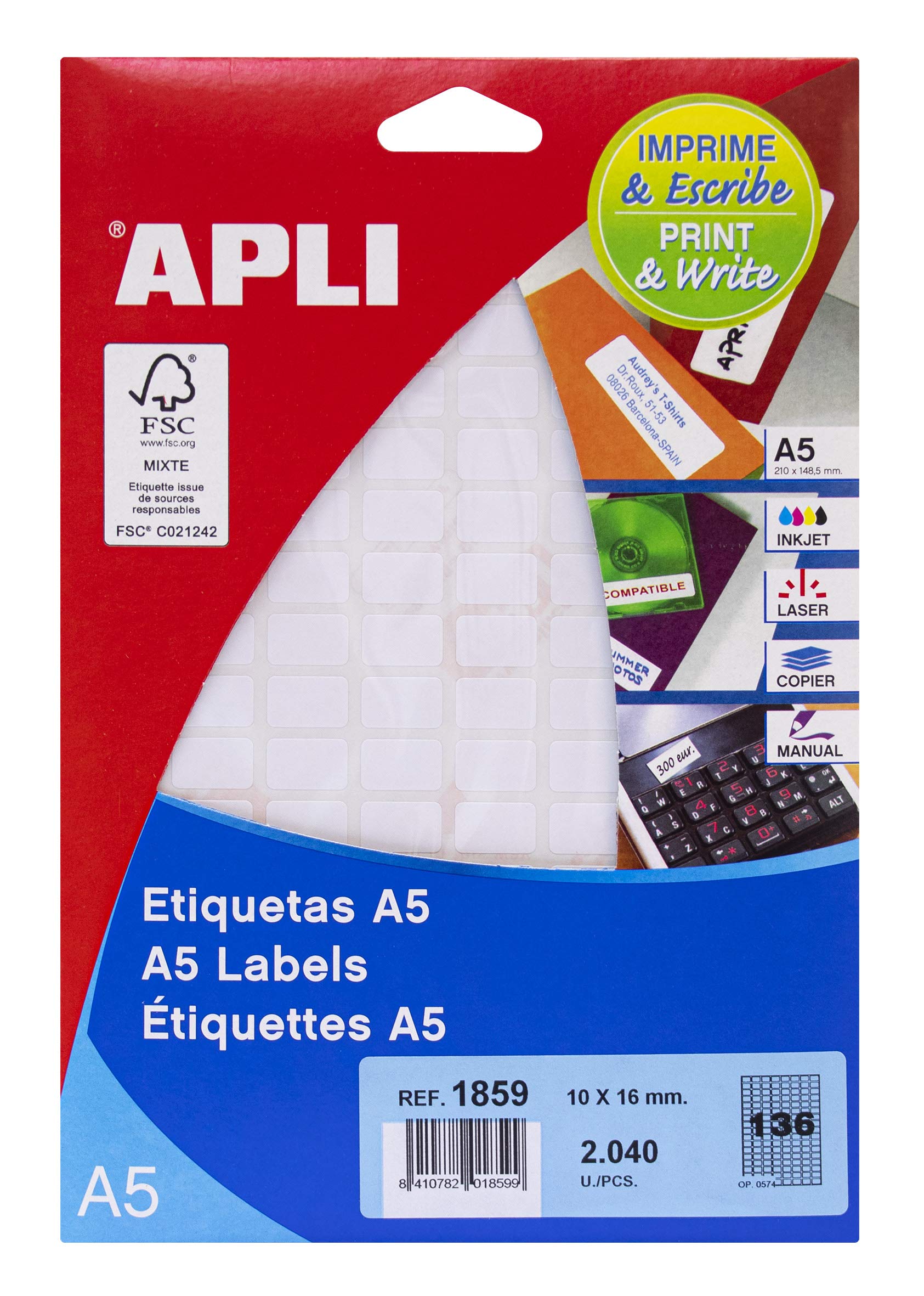 APLI 1859 White A5 Labels 10 x 16 mm 15 Sheets