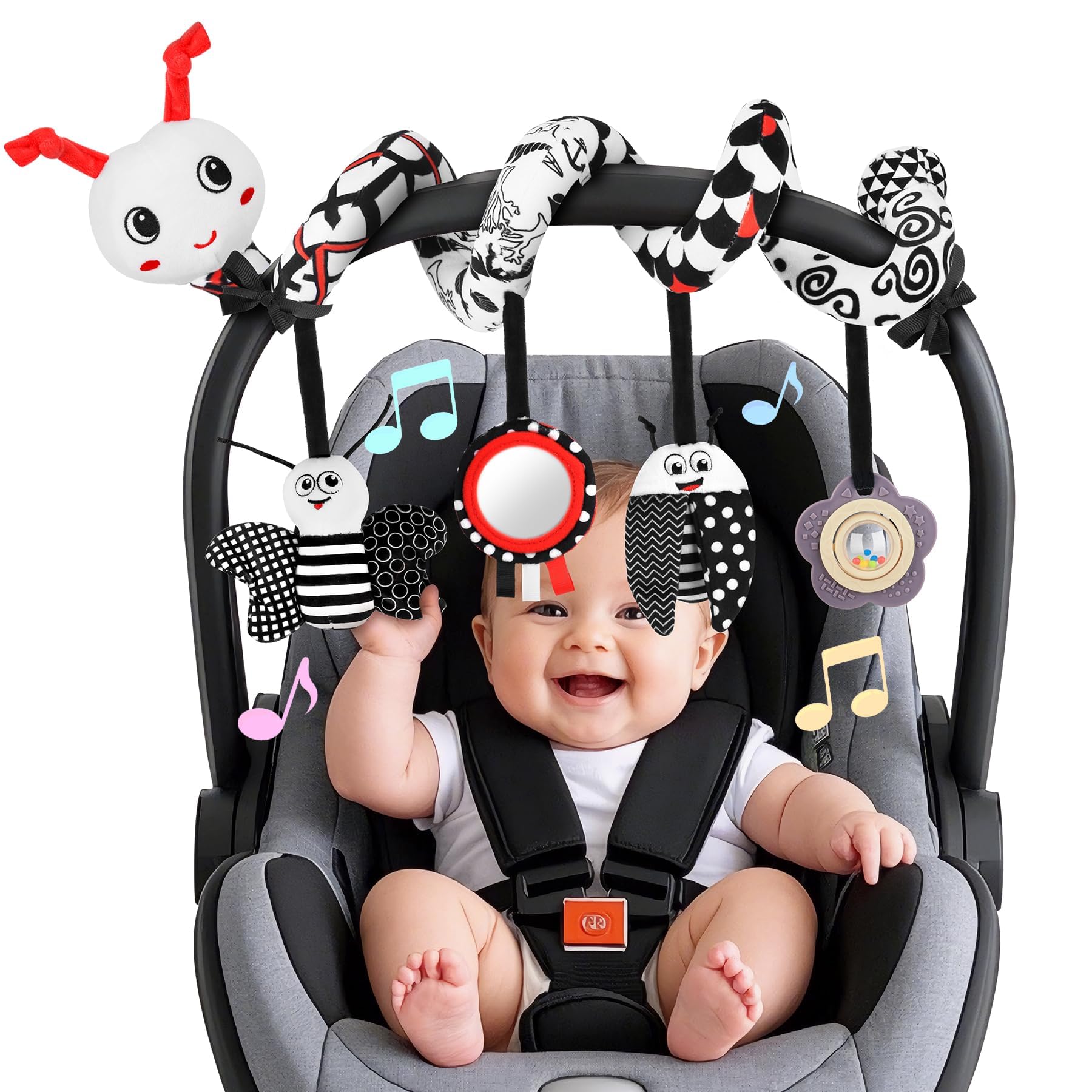 Zendstanding Car Seat Toys for Babies, 0-6 Months Pram Toys Stroller Activity Black White Baby Spiral Plush Toys Newborn High Contrast Sensory Carseat Toys with 4 Pendants Hanging Boys Girls Gift