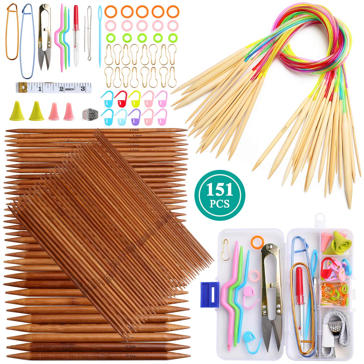 Coopay Bamboo Knitting Needle Set, Double Ended Straight Needles Kit, Includes Short Double Pointed Knitting Needles 20cm, 80cm Circular Knitting Needle and Knitting Accessories