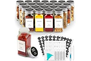 AISIPRIN 24 Pcs Glass Spice Jars with Labels, 4oz Small Empty Square Seasoning Containers Bottles - Shaker Lids, Funnel, Brus