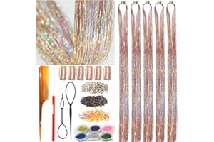 CelineBella Rainbow Hair Tinsel Kit,Galaxy Pattern Tinsel Hair Extensions,Single Strands Mixed Colors,Gold Silver Pink Ombre Effect,3-Tones Gradient Fairy Hair for Kids Girls