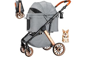 MAMIZO Foldable Dog Stroller for Medium Small Dogs Cats Up to 55 Lbs, Aluminum and Carbon Steel Frame Pet Stroller, Height-Adjustable Handle Puppy Strollers with Zipperless Design, Shock Absorbers