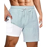 Gleeease 7inch Mens Swim Trunks: with Compression Liner Pockets Drawstring Quick Dry Stretch Lined Funny Beach Swimming Pool