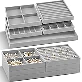 Cinnvoice Set of 10 Stackable Jewelry Organizer Trays for Drawer 14 Inch Velvet Jewelry Drawer Insert Display Storage with Removable Divider for Necklace Earring Ring Watch Bracelet (Gray)