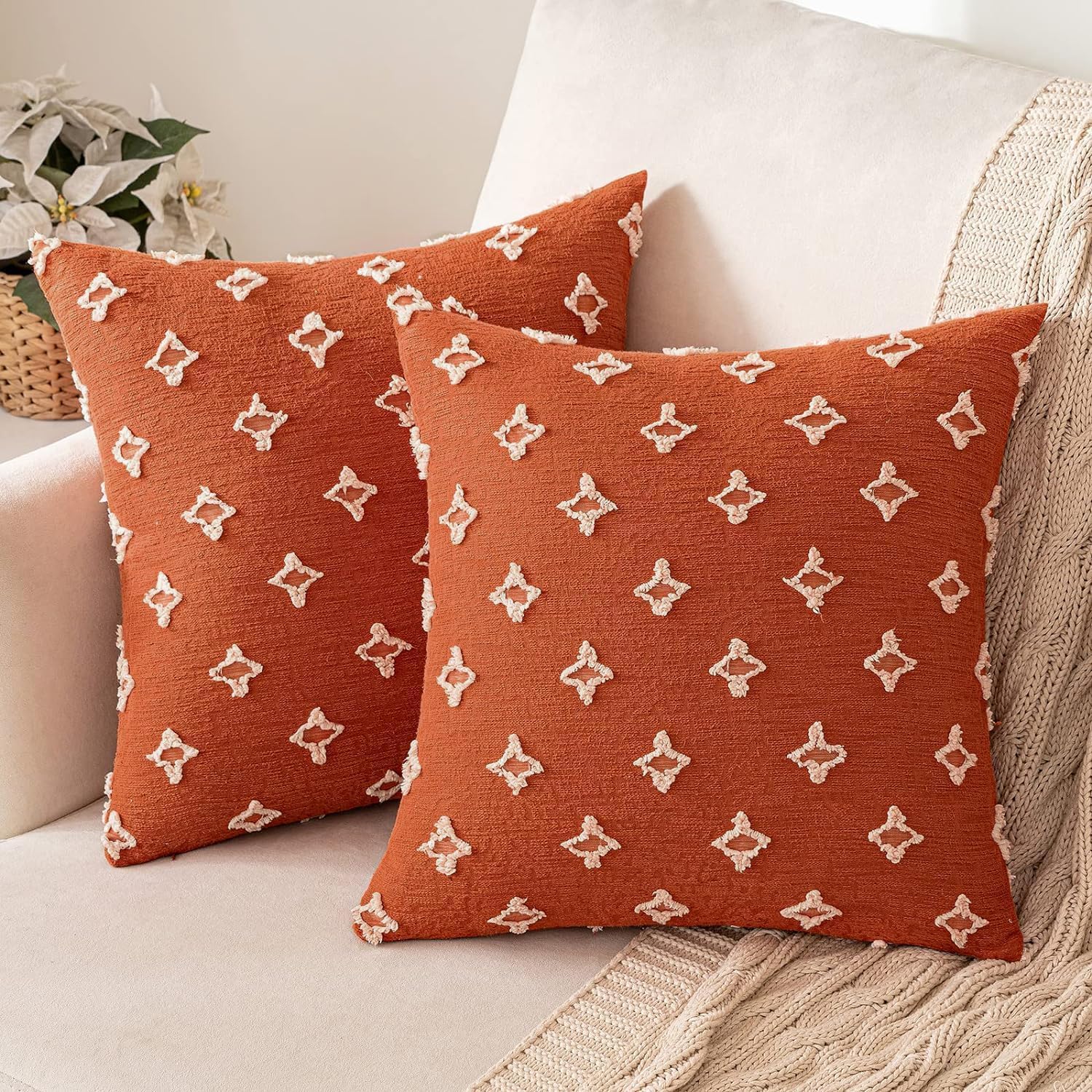 Photo 1 of MIULEE Set of 2 Decorative Throw Pillow Covers Rhombic Jacquard Pillowcase Fall Soft Square Cushion Case for Couch Sofa Bed Bedroom Living Room, 18x18 Inch, Burnt Orange