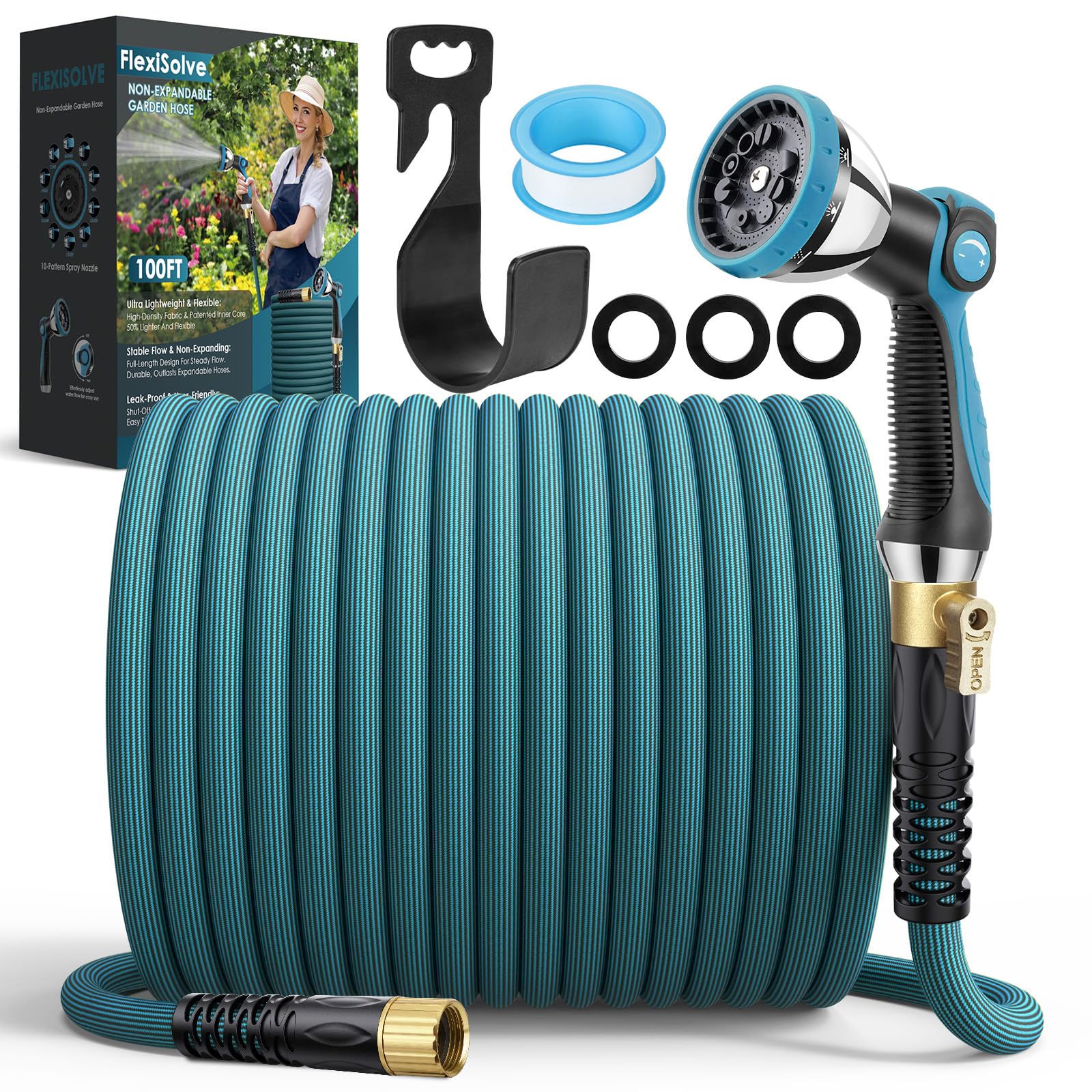 Photo 1 of FlexiSolve NON-EXPANDABLE Garden Hose 100 ft, Ultra Lightweight Flexible Water Hose with 10-Pattern Nozzle & Shut-Off Valve, Holder, Leakproof & Kink-Resistant Reinforced Fittings for Yard Outdoor