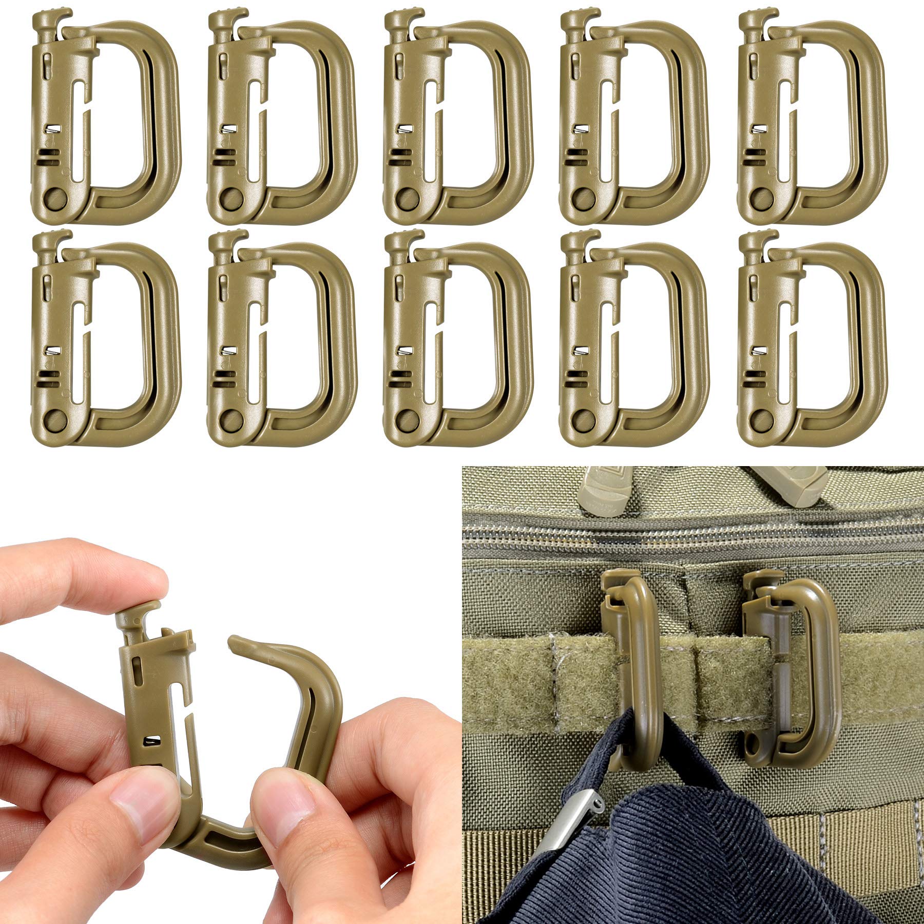 10 Pack Multipurpose D-Ring Grimloc Locking for Molle Webbing with Zippered Pouch by BOOSTEADY