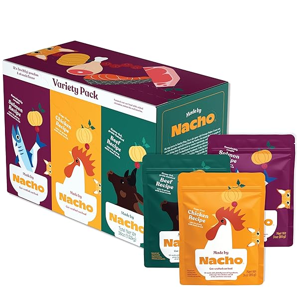 MADE BY NACHO WET CAT FOOD VARIETY 12 PACK (3OZ EACH), CAGE-FREE CHICKEN, SUSTAINABLY CAUGHT SALMON, GRASS-FED BEEF WITH BONE BROTH FOR EXTRA HYDRATION, GRAVY CUT POUCHES