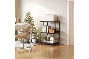 Mexin Black Printer Stand-Small 3 Tier Printer Table with Wheels, Industrial Rolling Printer Cart with Storage Shelf for Scanner Fax Home Office Use,17.5 x 11.8 Inches
