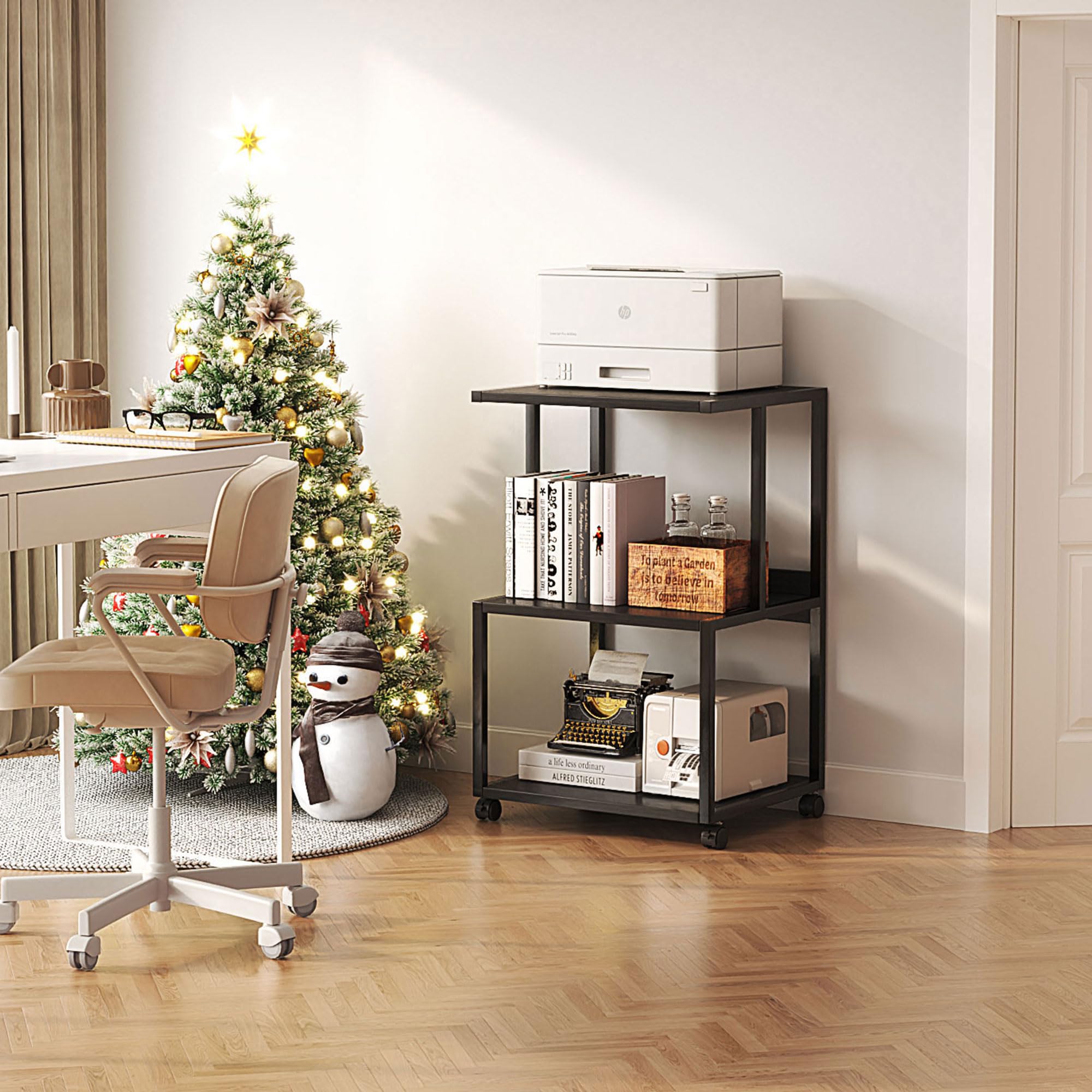 thumbnail image 2 of 3-Tier Industrial Printer Stand With Storage Shelf - Heavy Duty Metal & Wood, White With Whiteboard 2 of 9