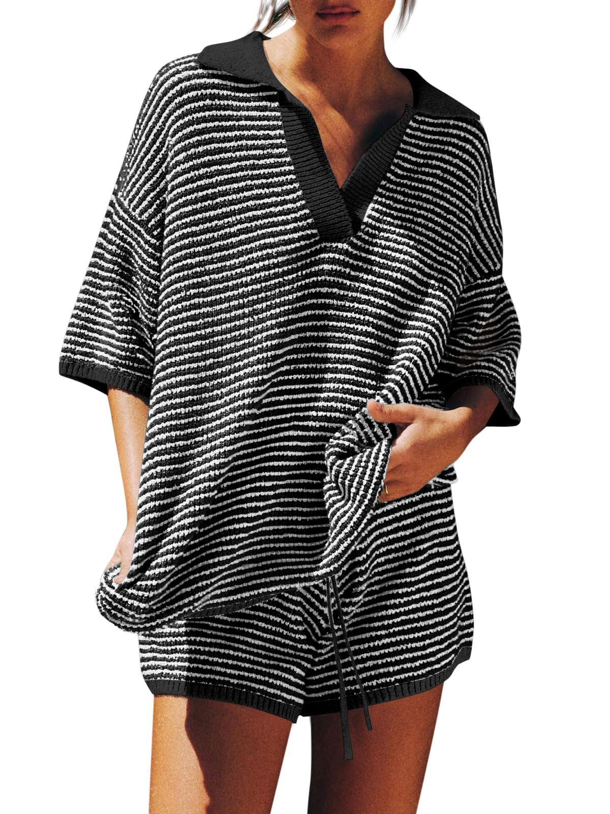 Photo 1 of Tankaneo Womens Sweater Set 2 Piece Outfits Oversized 3/4 Sleeve V Neck Knit Tops High Waisted Shorts Lounge Sets