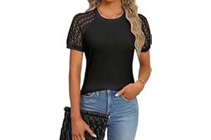 Fayenne Womens Tops Dressy Casual Sexy Tops Patchwork Lace Short Sleeve Blouses Summer Tops Waffle Knit Business Casual Tops