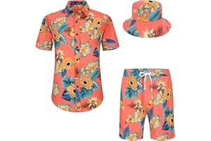 MCEDAR Men's Hawaiian Shirt and Short 2 Piece Vacation Outfits Sets Casual Button Down Beach Floral Suits with Bucket Hats