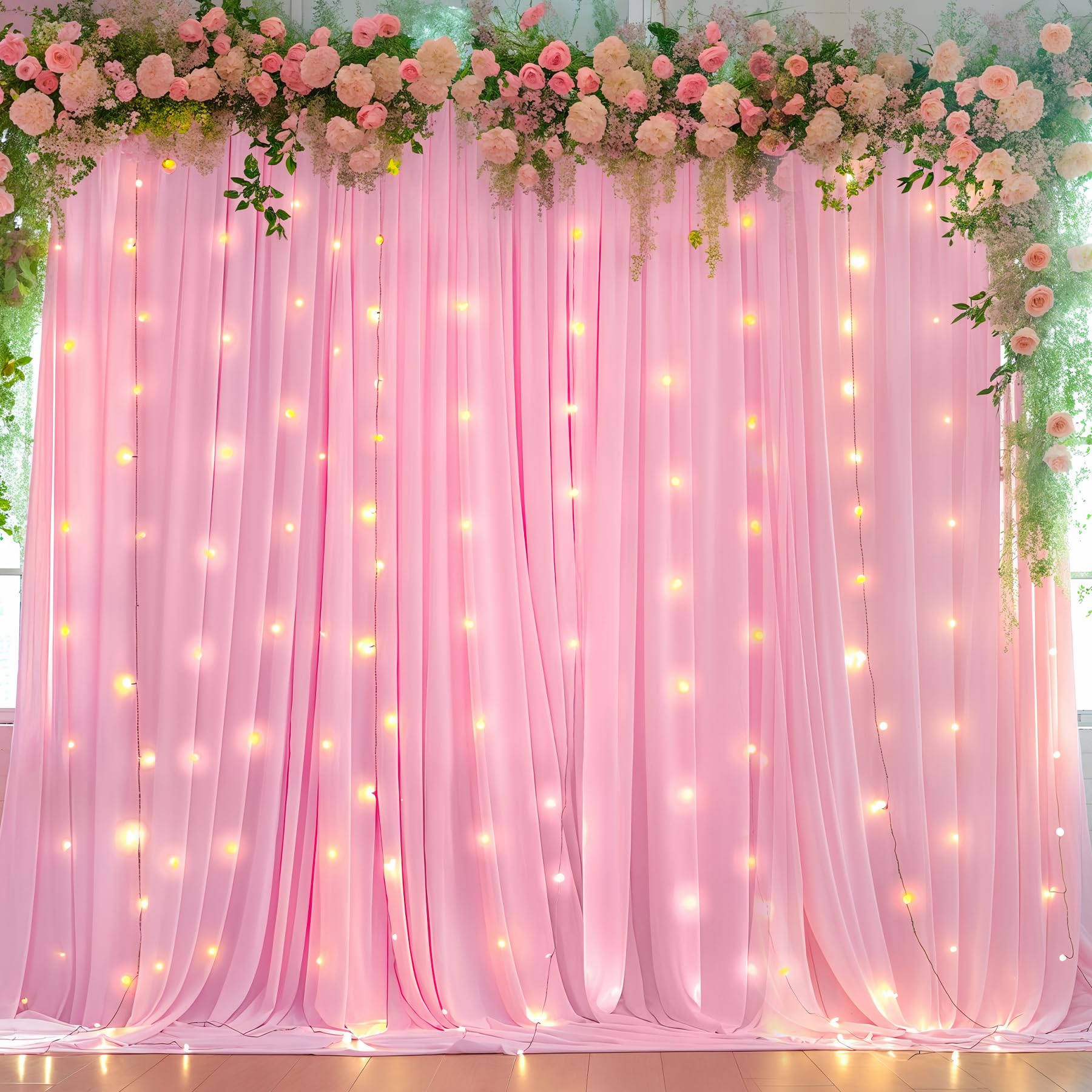 Photo 1 of 10 x 10ft Baby Pink Backdrop Curtains with Lights String for Girls Birthday Photo Backdrop Drapes Wrinkle Free Polyester Curtain Backdrop for Parties Wedding Reception Baby Shower Ceremony-5 x 10ft 2P