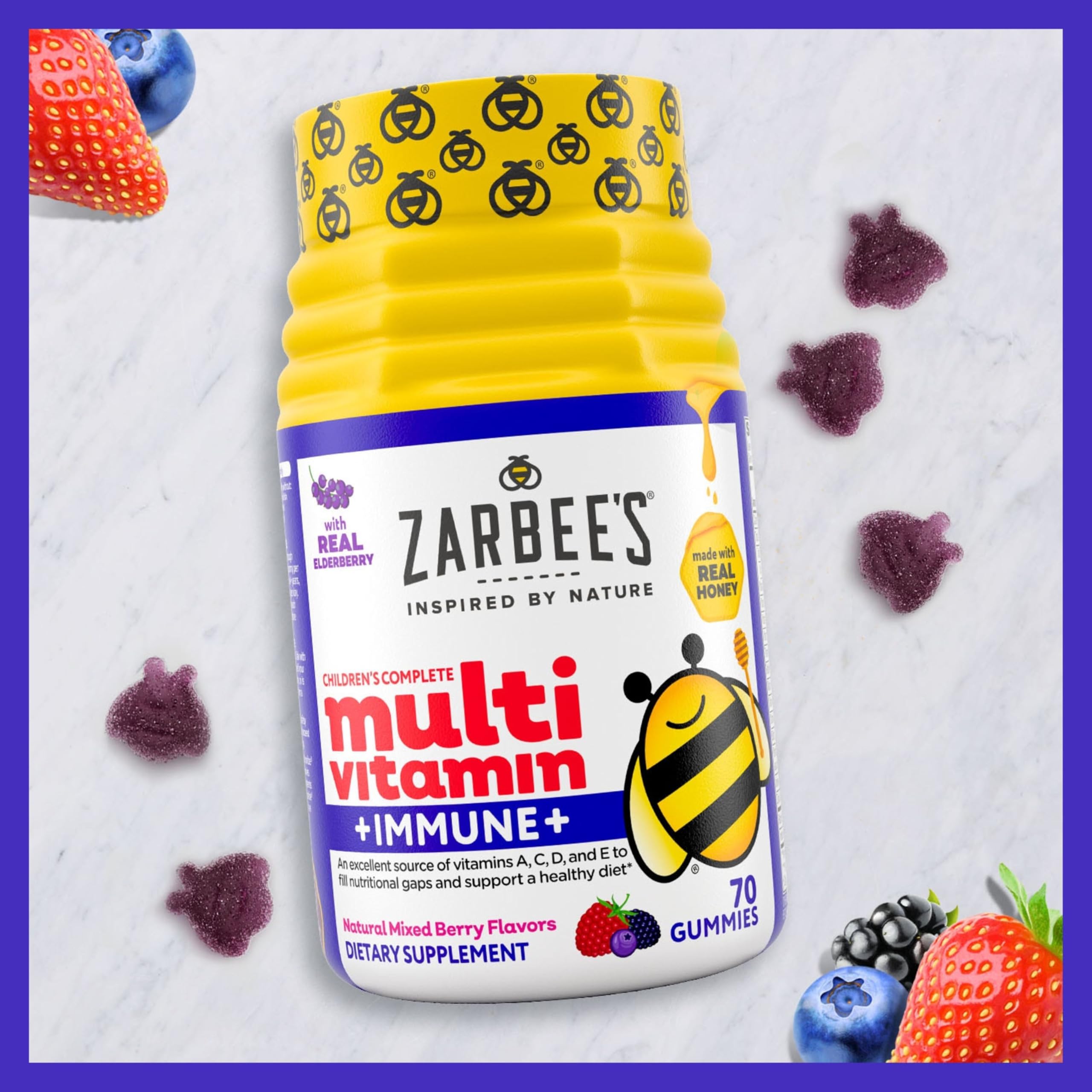 Zarbee’s Complete Kids Multivitamin Gummies + Immune Support, Berry Flavor, Honey-Sweetened, Gluten-Free & Gelatin-Free, Vitamins A, C, D3, E, B6, B12, Folic Acid & B-Complex, 70 Count