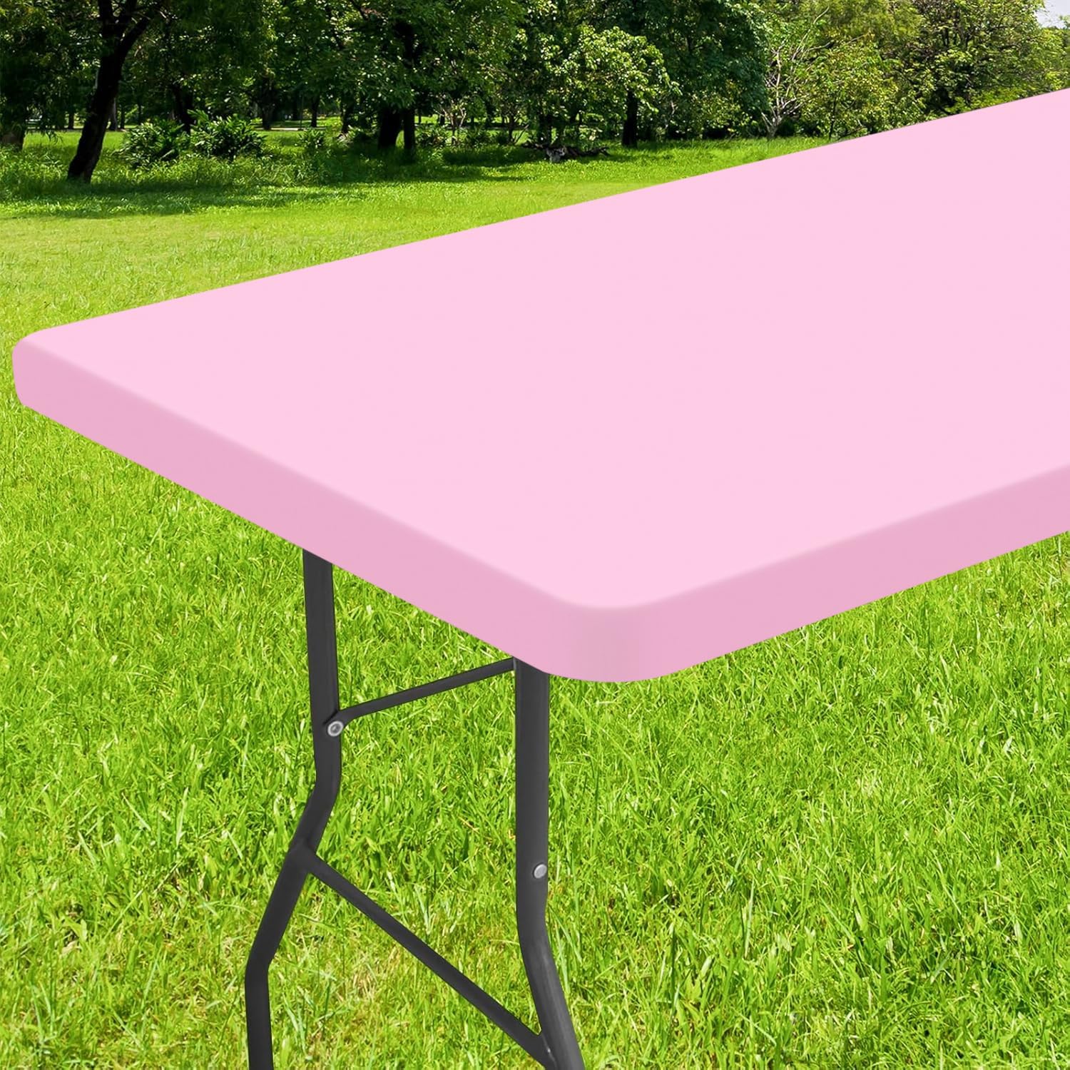 Photo 1 of Smiry Rectangle Tablecloth, Elastic Fitted Flannel Backed Vinyl Tablecloths for 5ft Folding Tables, Waterproof Wipeable Table Covers for Indoor, Outdoor, Picnic and Camping (Pink, 30"x60")