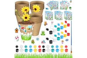 Sinload 76 Pcs Garden Flower Pot Craft Kit Include 24 Pcs Summer Stickers 24 Paper Peat Pots 24 Set Pigment Accessories 4 Grass Stickers for Summer Kids DIY Flower Planting Growing Succulent Seedling