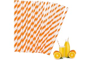 Pack of 100 Paper Straws, 19.6 cm Orange White Striped Straws, Paper Biodegradable Drinking Straws, Environmentally Friendly 
