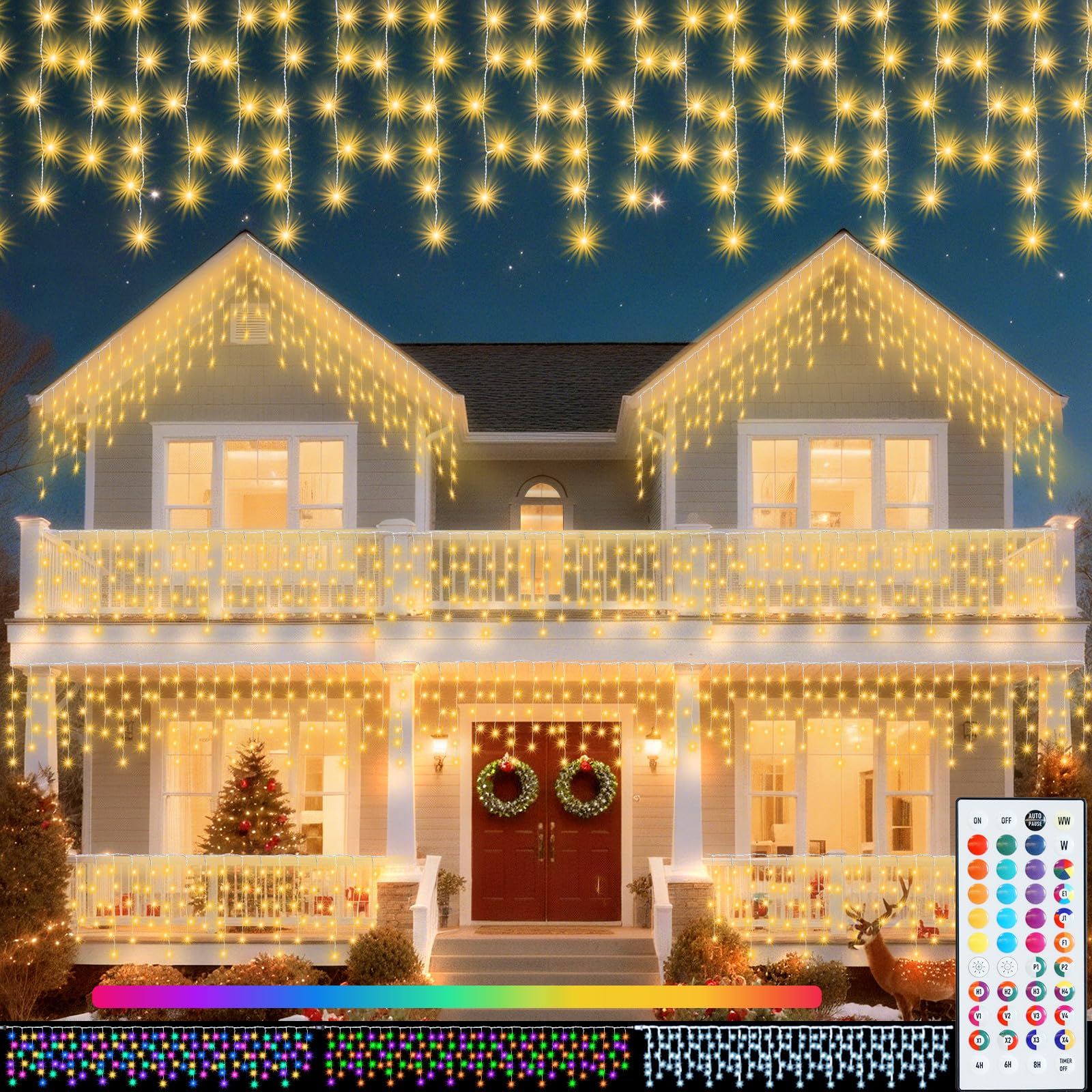 Photo 1 of Pooqla Color Changing Icicle Lights with Remote, 35 Colors Christmas Icicle Lights, 360 LED 58.2FT RGB Waterproof Hanging String Lights for Roof Window Home Party Easter Valentines Outdoor Decor