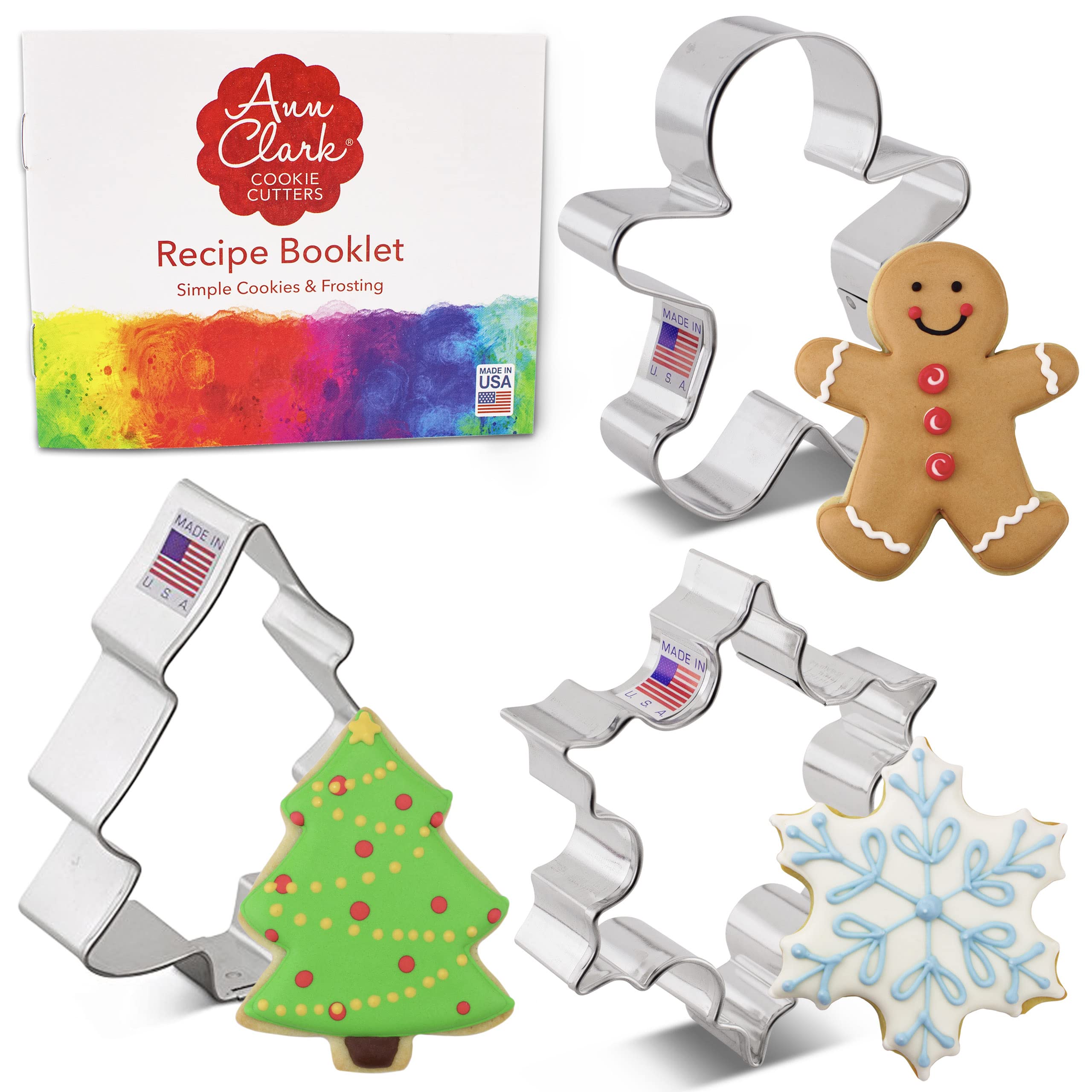 Christmas Cookie Cutters 3-Pc. Set Made in USA by Ann Clark, Snowflake, Gingerbread Man, Christmas Tree