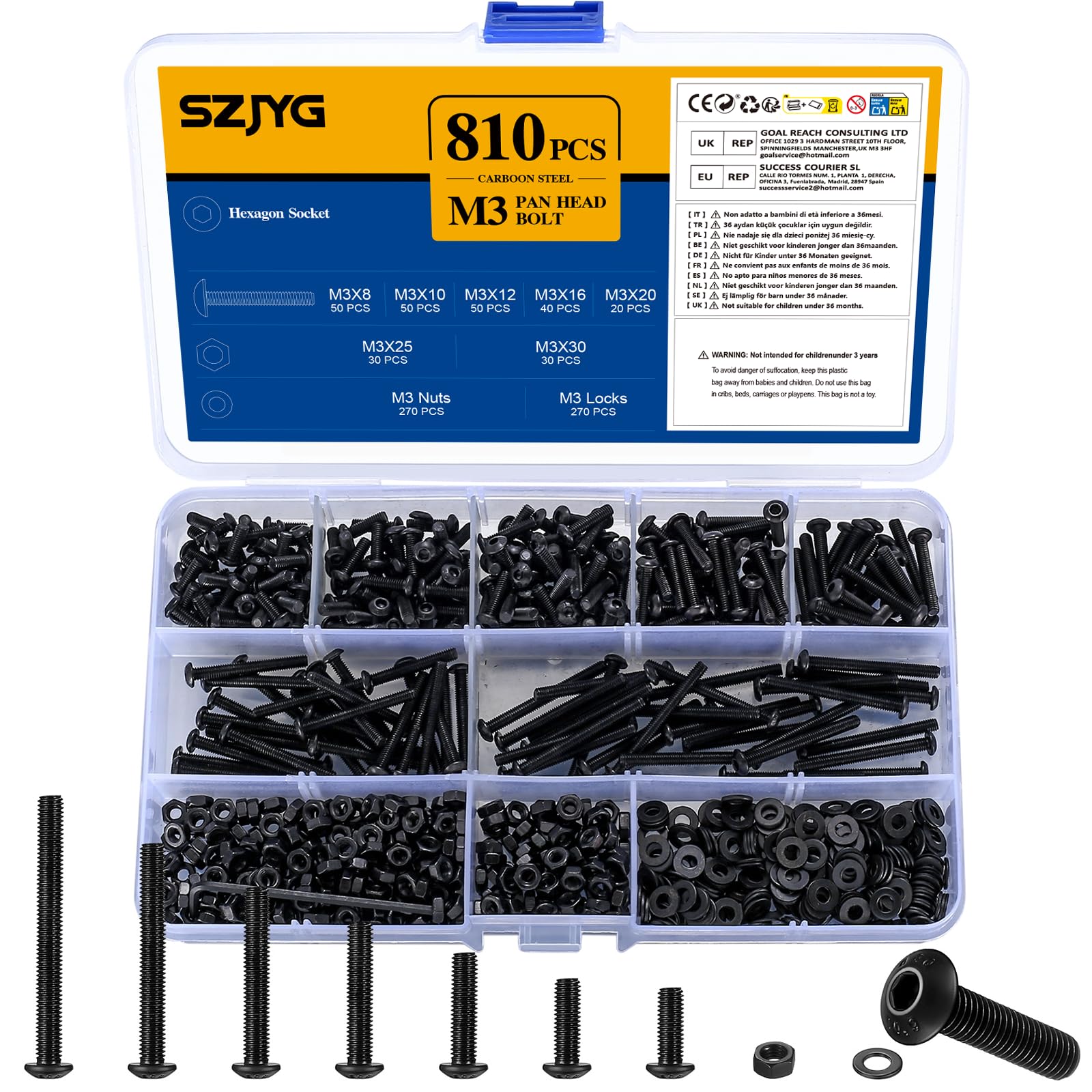 810 Pcs M3 Nuts and Bolts Set, Hex Socket Button Head Cap Screws Bolts and Nuts Set, Round Hex Socket Head Machine Screws and Washers Assortment Kit, Carbon Steel, Black (M3)