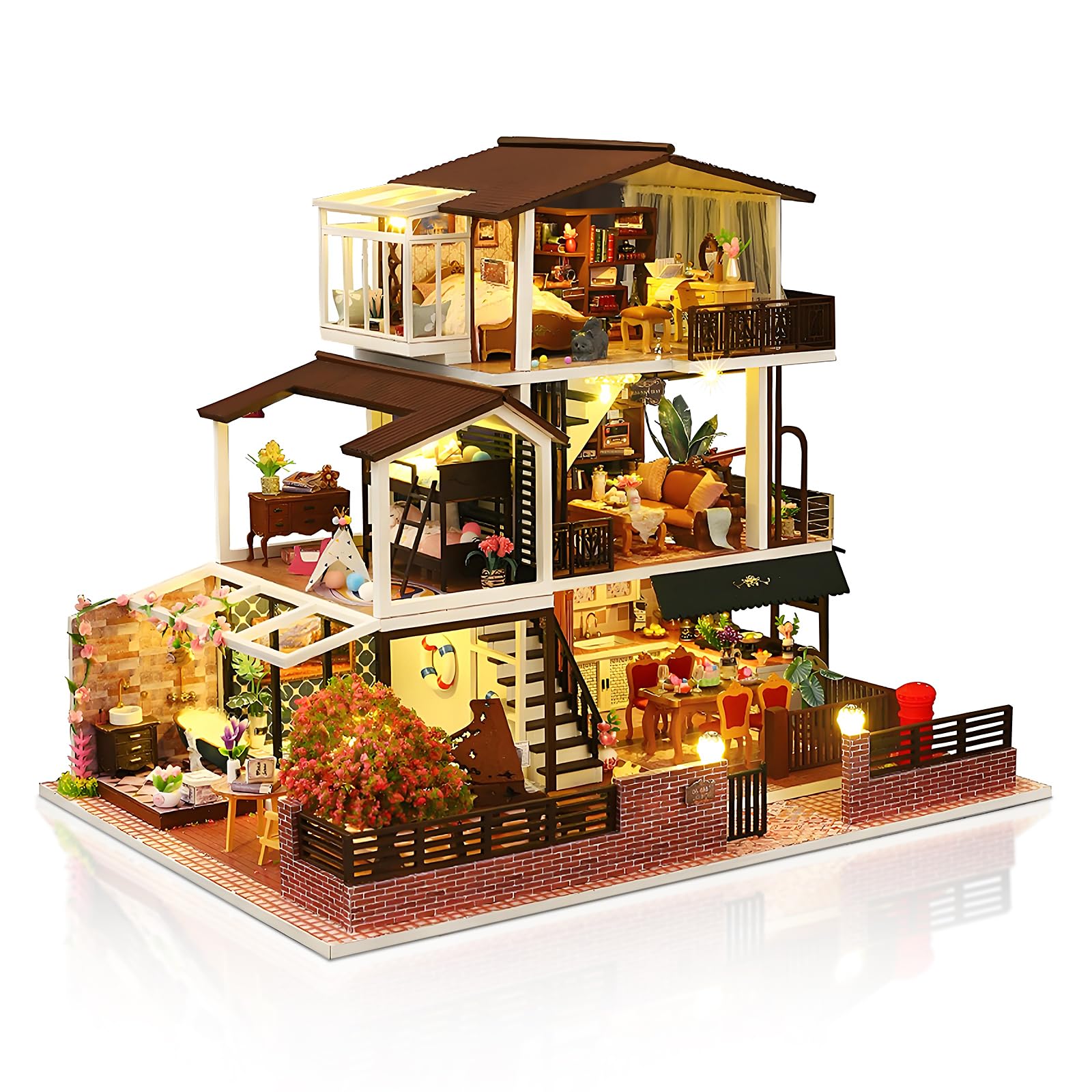 Photo 1 of Hallisun DIY Miniature House Kit, Tiny 3D Wooden European Retro Villa, Mini Dollhouse Building Kit with Dustproof Cover & Music Movement, Creative House Craft for Adults, Gift for Family and Friends