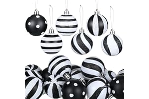Riceshoot 24 Pcs Christmas Black and White Ball Ornaments Xmas Plastic Stripe Dot Hanging Ball for Christmas Tree Party Decoration Supplies(2.36 Inch)