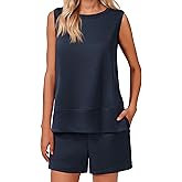 PINSPARK Two Piece Sets for Women Summer Sleeveless Lounge Set Crewneck Tops Sweatsuit Drawstring Shorts Tracksuit Outfits