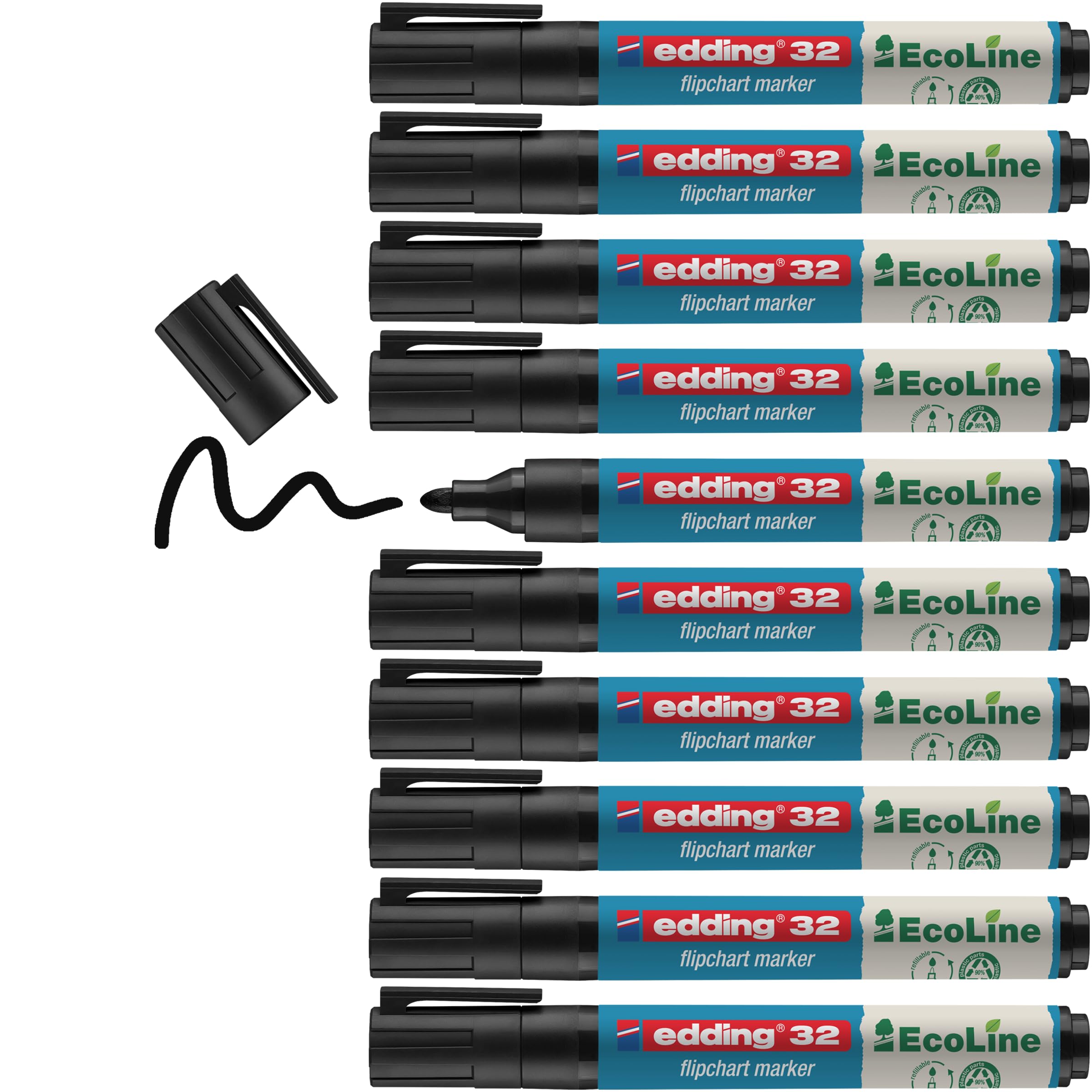 edding 31 EcoLine flipchart marker - black - box of 10 - round nib 1,5-3 mm - marker for writing, drawing on flipchart paper - does not bleed through - does not dry out - refillable