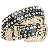 WHIPPY Women Rhinestones Leather Belts Bling Studded Western Cowgirl Waist Belt for Jeans Pants with Removable Buckle