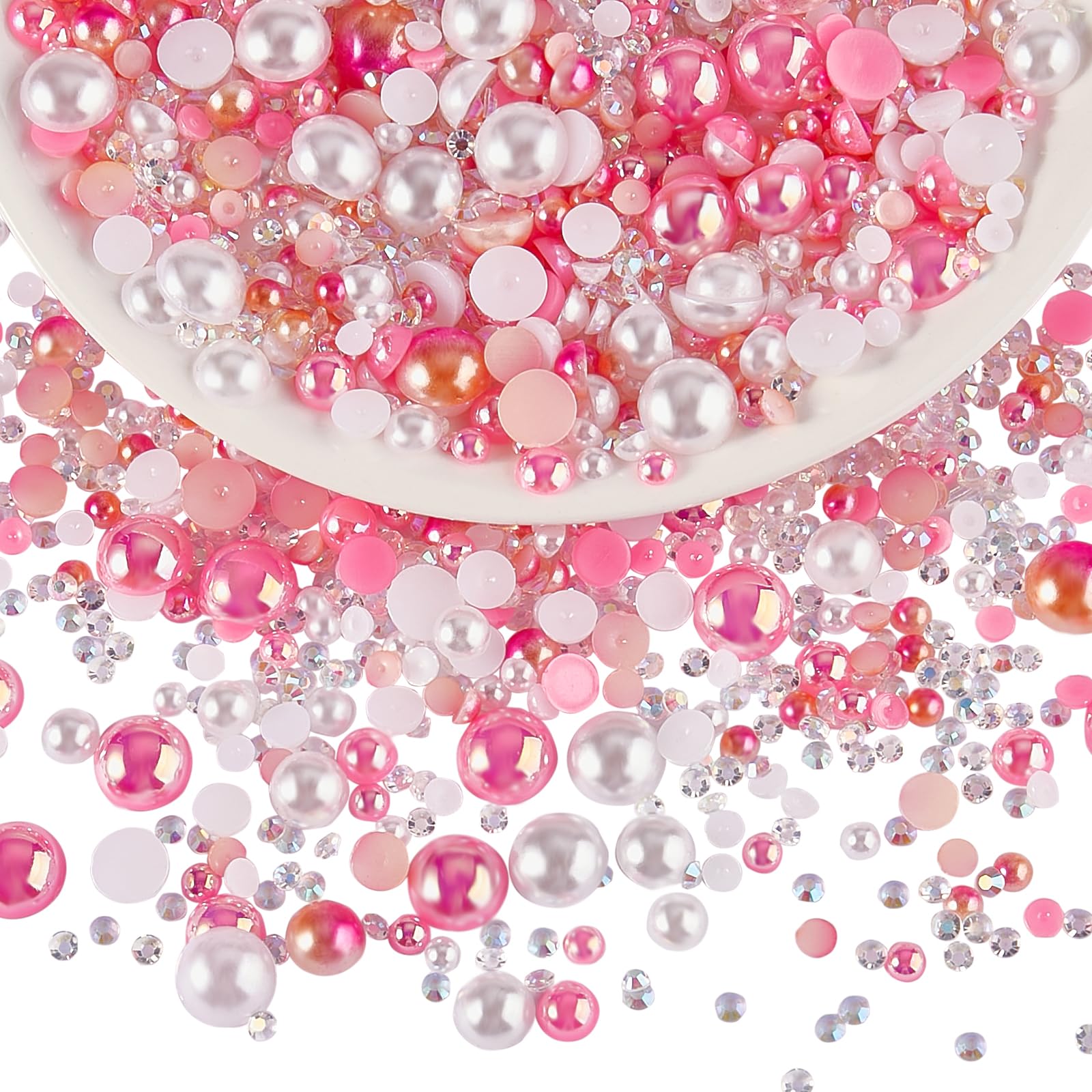 BEEFLYING 60g Mix Flatback Pearls & Resin Rhinestones Half Round Pearl Beads for Crafts 3mm-10mm Half Pearl Rhinestone for Face Art Tumblers Bottles Clothes Gift Card Jewelry Decor(Pink White) — image 1
