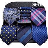 Hi-Tie Lot 5 Pcs Gift Box Mens Tie Set Necktie with Pocket Square Cufflinks Silk Neck Tie Collection