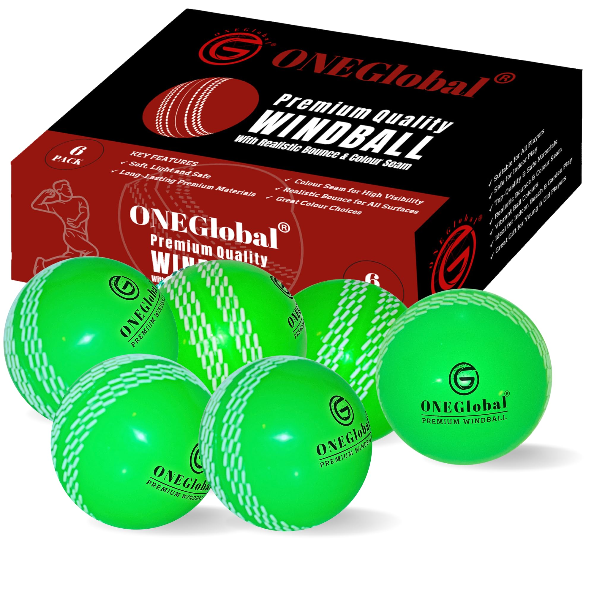 ONEGlobal Premium Windball Soft Cricket Ball | Durable & Safe, Colour Seam, True Bounce & Swing | Wind Ball for Outdoor & Indoor Practice, Coaching, Garden & Beach Games (6-Green)