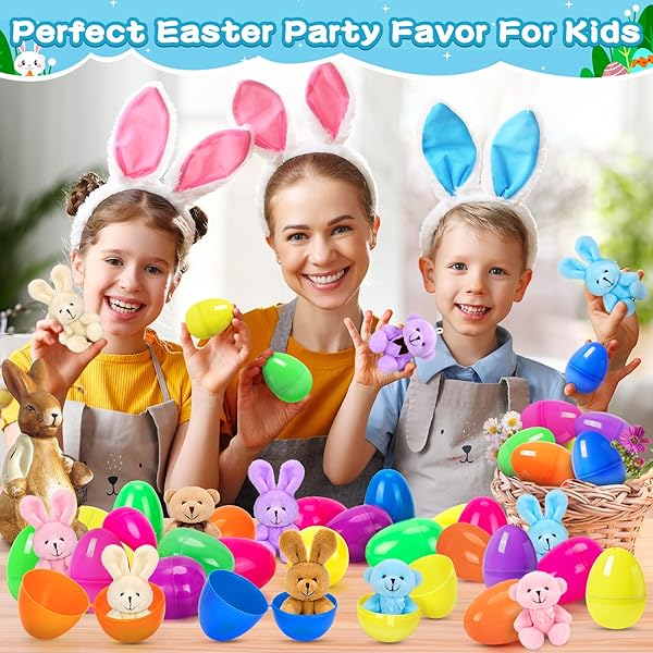 JUMLYS 12 PACK PREFILLED EASTER EGGS WITH STUFFED ANIMAL TOYS, SURPRISE PLASTIC EASTER EGGS FILLED WITH PLUSH BUNNY AND BEAR FOR KIDS, PERFECT FOR EASTER EGG HUNT , BASKET STUFFERS AND PARTY FAVORS