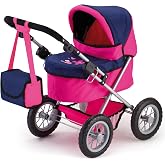 Bayer Trendy Doll Pram, Kids Play Stroller with Adjustable Handle, Blue | Fits 18 Inch Dolls, Foldable Metal Frame with Integrated Shopping Basket, Includes Matching Shoulder Bag and Large Wheels