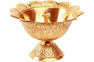 Avador Handmade Brass Indian Puja Oil Lamp, Golden Diya Lamp Engraved Design Diya for Diwali Pooja (Devdas 1.5" Set of 1)