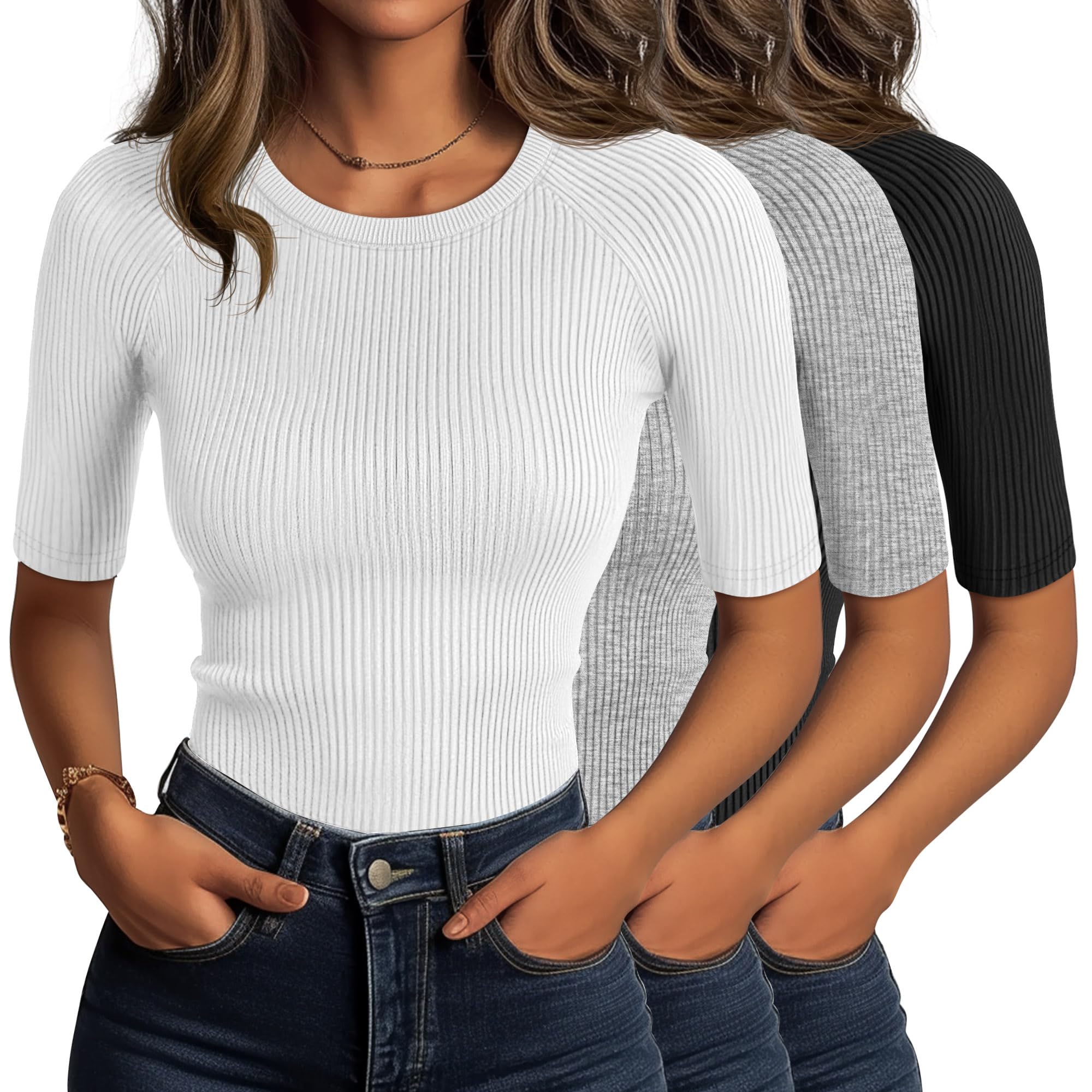 Photo 1 of Huukeay 3 Pack Women's Half Sleeve Cotton Ribbed Shirts, Slim Fit Crew Neck Tops Basic Layer Solid Color Summer Work Tees(Black, Light Gray, White,L)