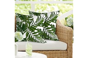 DYTXIII Pack of 2 Outdoor Waterproof Pillow Covers ONLY, Square Decorative Double Printed Pillow Cases for Patio Couch Porch Chairs (18 x 18 in,Palm Green)