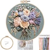 FONNUY Bouquet Flowers Embroidery Kit for Beginners, Pre-Stamped Pattern Kits for Adults with Hoop, Easy to Follow Color Thread Needlework, 8'' Hoop (Joyful Bouquet)