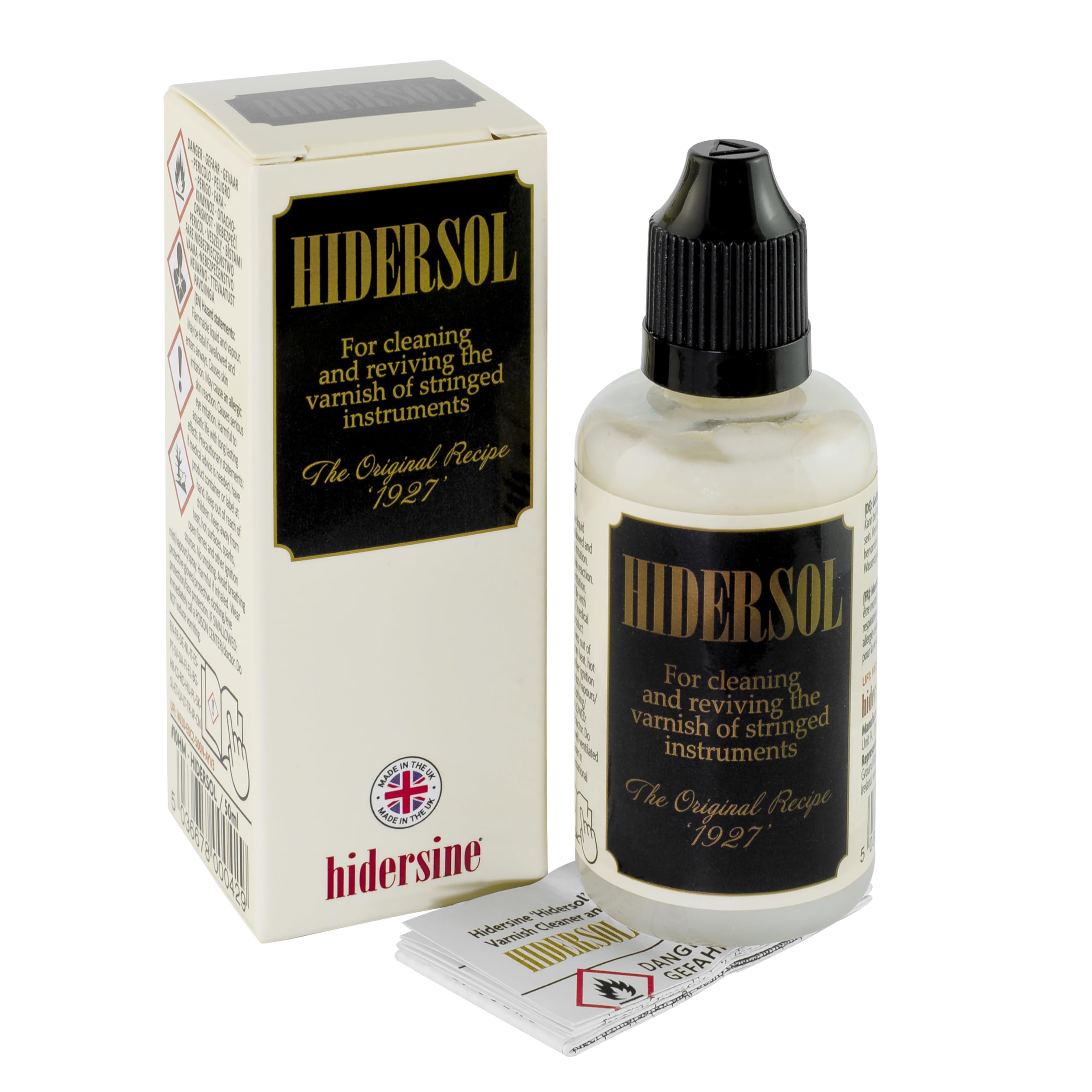 Hidersine Hidersol Varnish Cleaner and Polish for Violin, Viola, Cello and Double Bass. Remove Rosin and Dirt from Valuable Musical Instruments. Made in The UK Since 1890. 50ml Bottle.