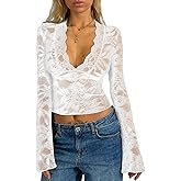 APRROOT Women's Lace Long Sleeve Tops Deep V Neck Bell Sleeve Y2K Crop Going Out Top Sexy Sheer Slim Fitted T Shirt