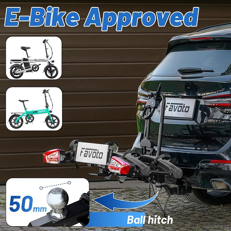 Portabicicletas E-Bike con Rampa Plegable – Soporte de Bola para 2 Bicis (60kg), Aluminio, Antirrobo, Luces 13 Pines y Soporte Matrícula