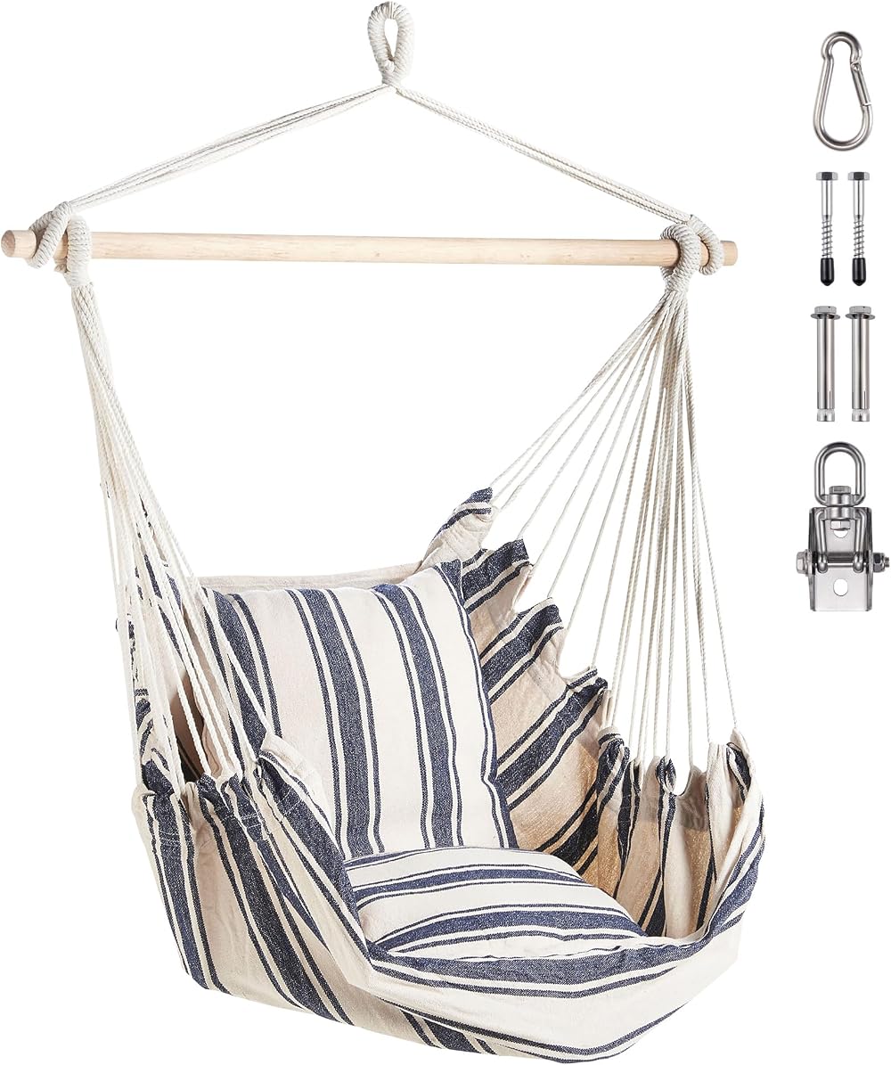 VonHaus Hanging Chair Outdoor with Attachments Blue White Stripe 1 Seater