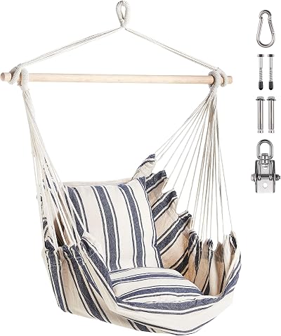 VonHaus Hanging Chair Outdoor with Attachments Blue White Stripe 1 Seater