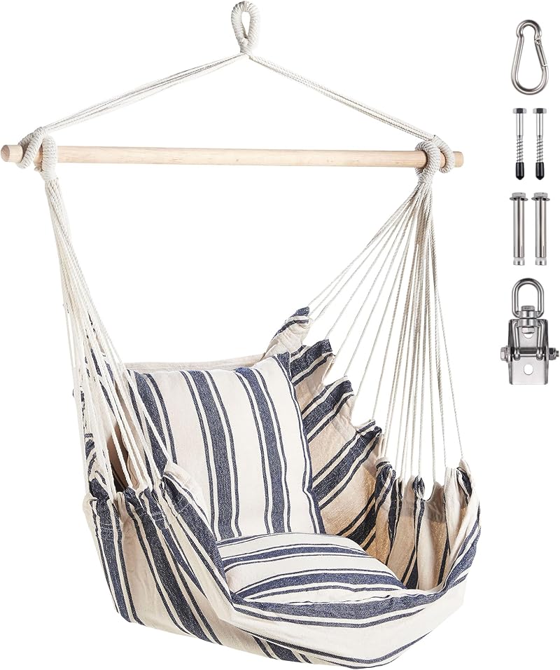 VonHaus Hanging Chair Outdoor with Attachments Blue White Stripe 1 Seater