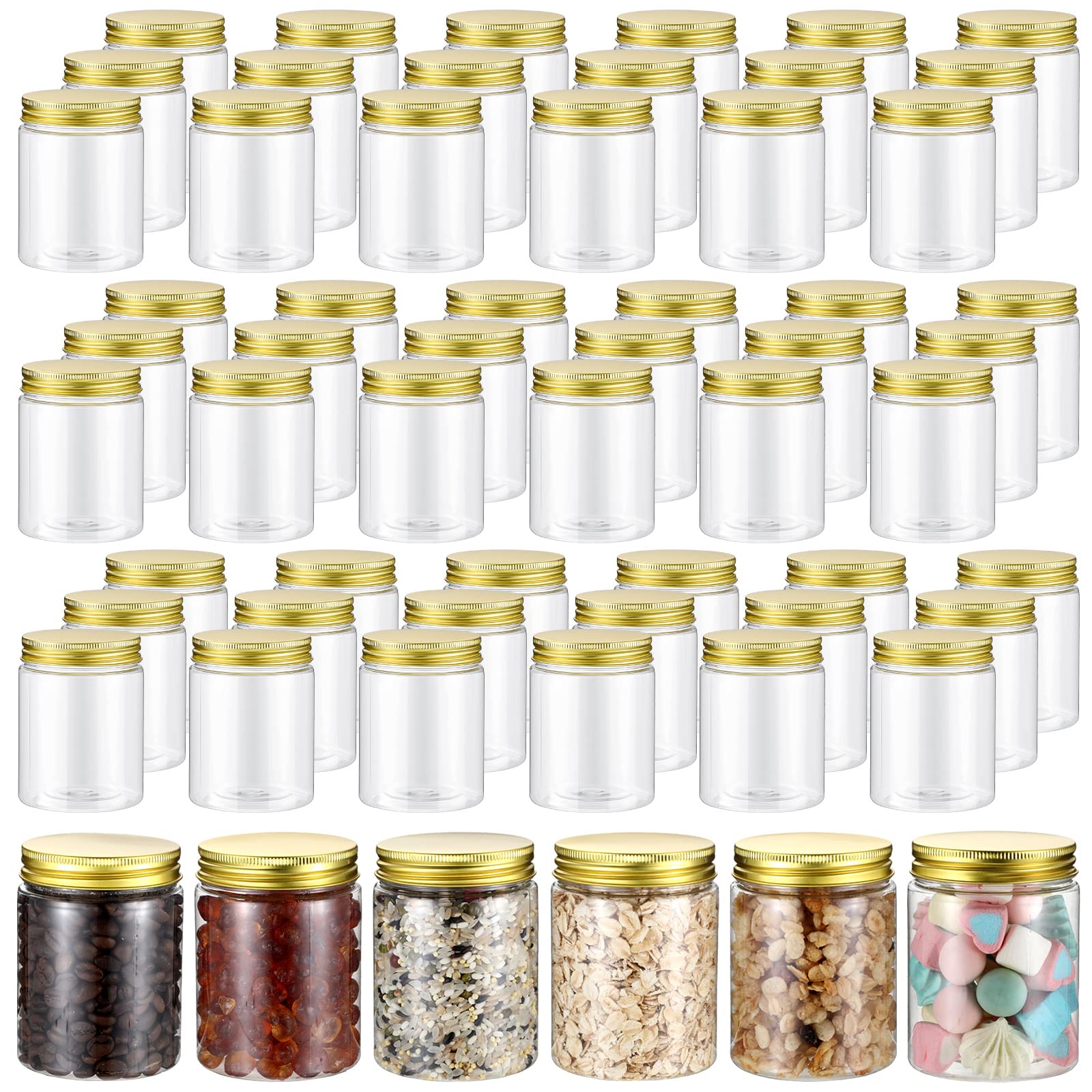 Photo 1 of Wesiti 60 Pcs 8 oz Clear Plastic Mason Jars Containers With Screw on Gold Lids Refillable Round Empty Plastic Jars Storage Containers Reusable for Kitchen Household Dry Food Storage Honey Herb Nuts
